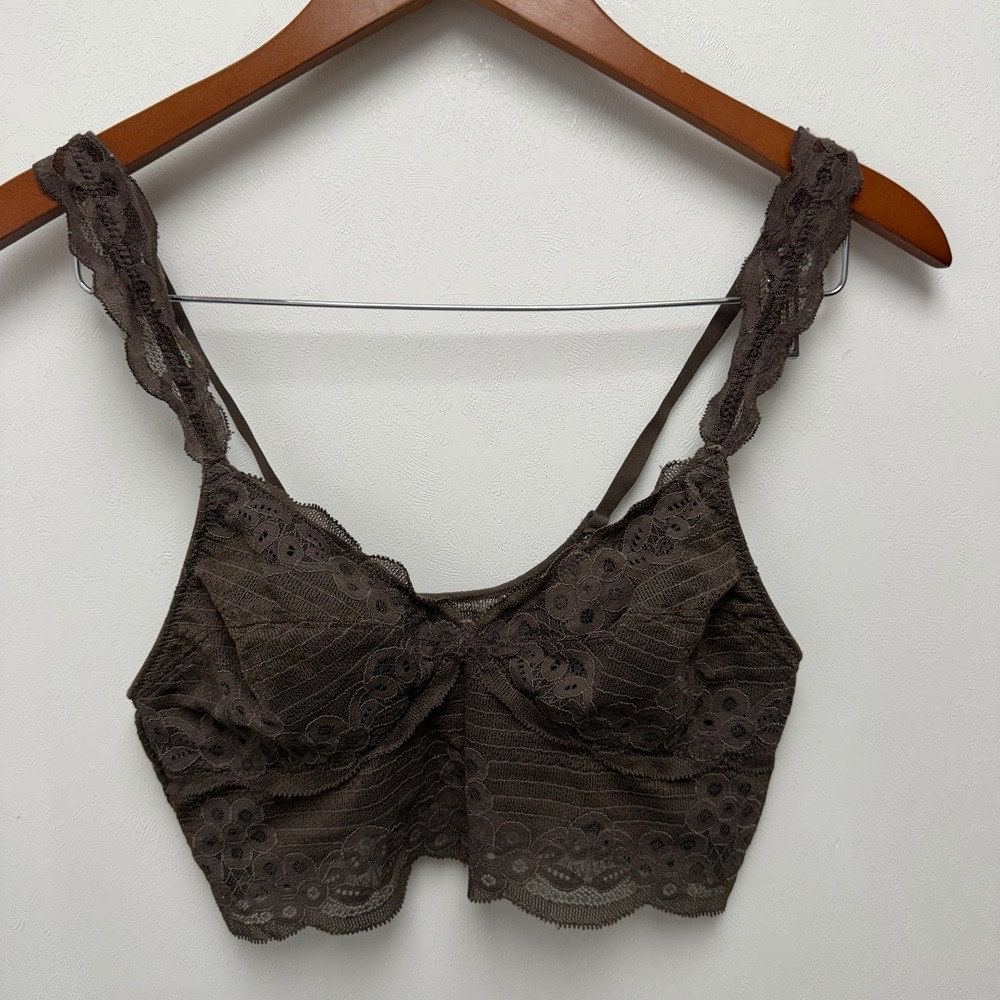 Aerie Brown Lace Bralette Adjustable Straps Wireless Floral Semi-Sheer Size S‎